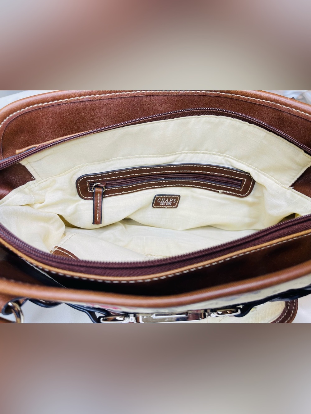 CHAPS | Cream Floral Shoulder Bag with Brown Leather Trim - Picture 7 of 16